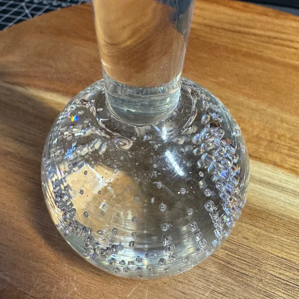 Vintage Controlled Bubble Art Glass Bud Vase Clear Bullicante Ball Base 8 Inch